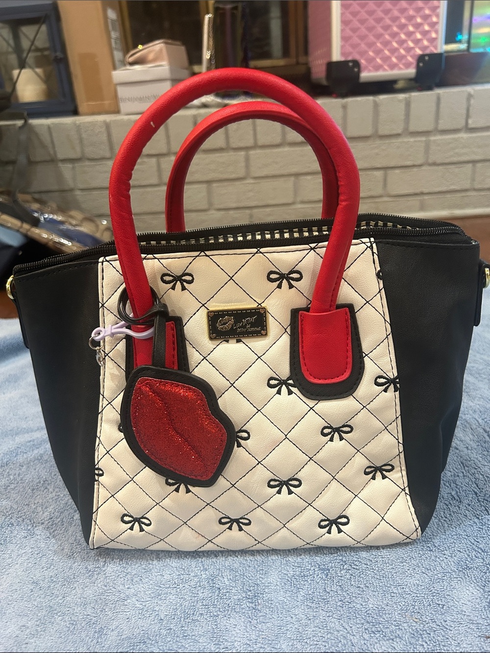 Betsey Johnson Black & White Quilted Tote with Red Handles and Bow Print